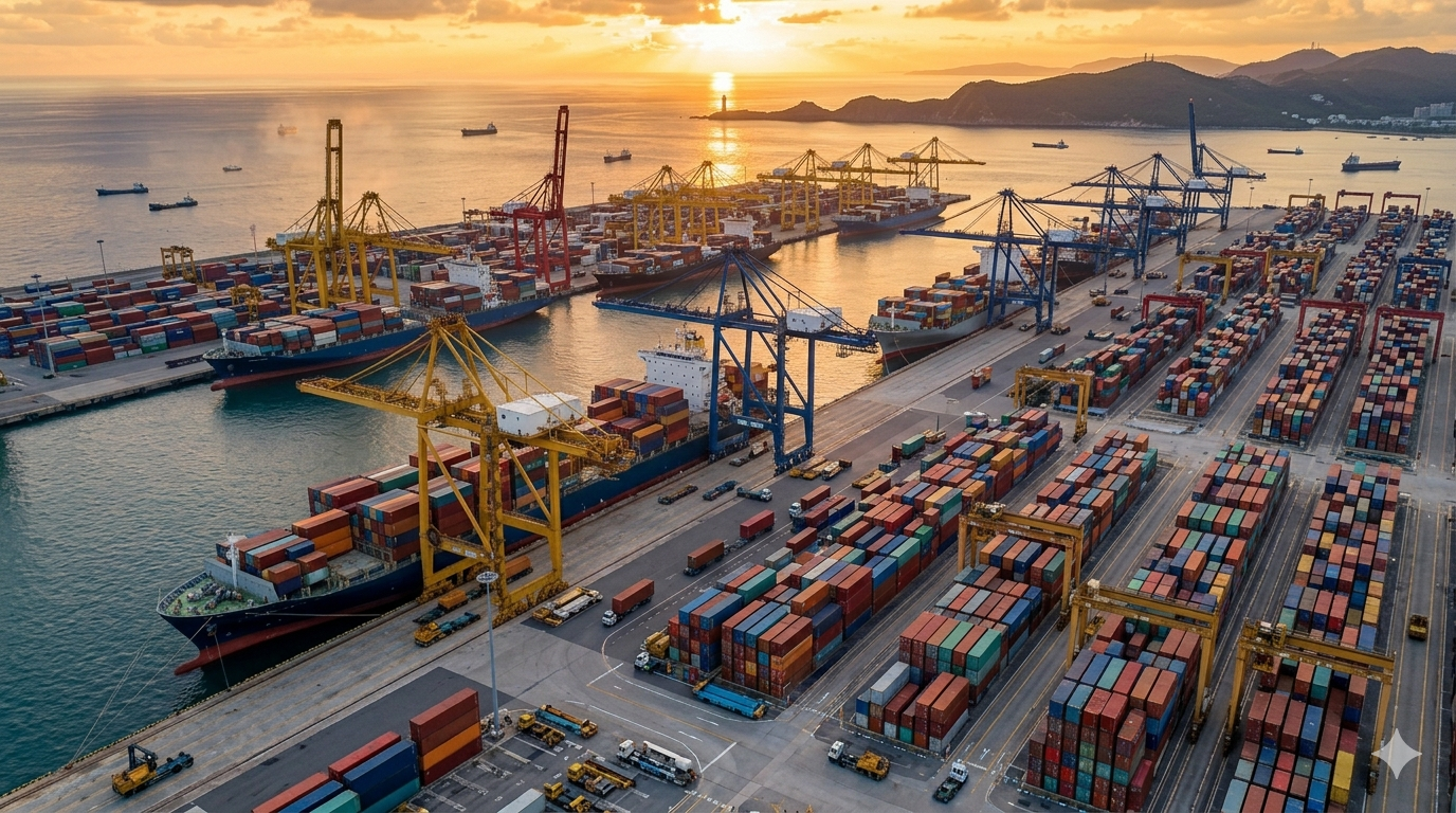 Container port at sunset